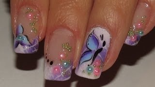 Ombre white and purple Spring fairy Nail Art Video Tutorial! flower,butterfly and pretty pearls