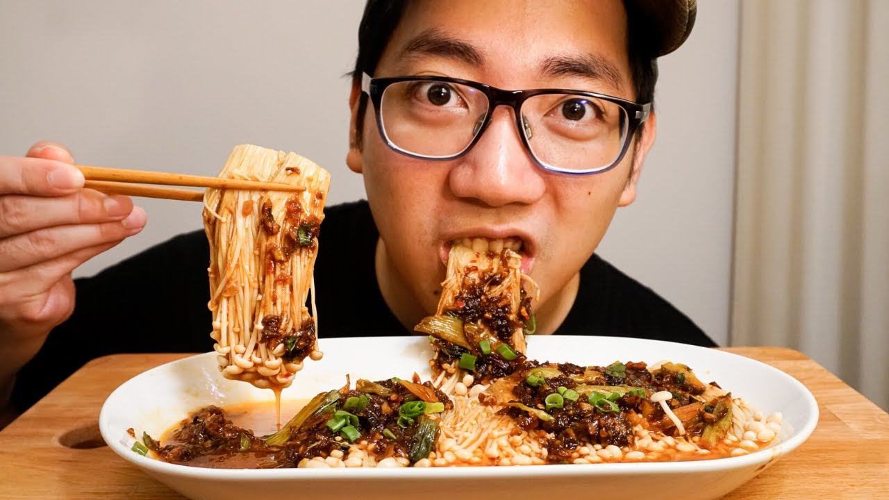 ASMR SPICY ENOKI MUSHROOMS WITH GARLIC & SCALLION SAUCE MUKBANG EATING ...