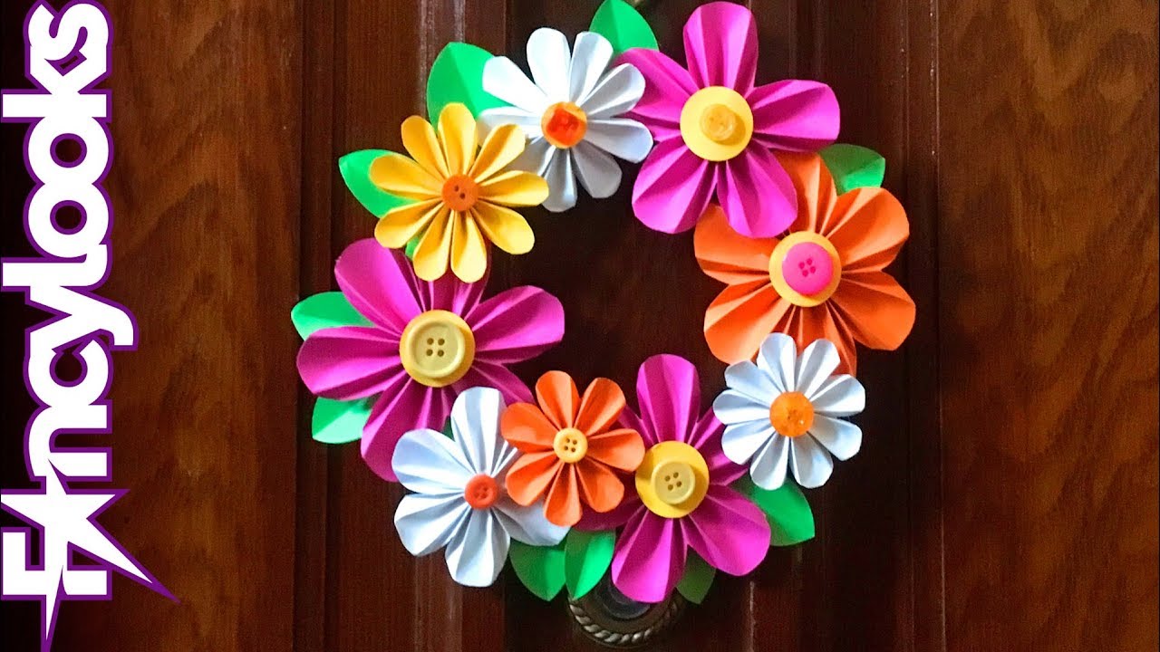 Corona de flores de papel para la puerta con rosas, zinnias