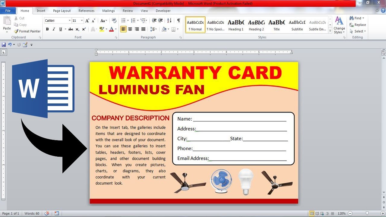 Warranty card design in ms word