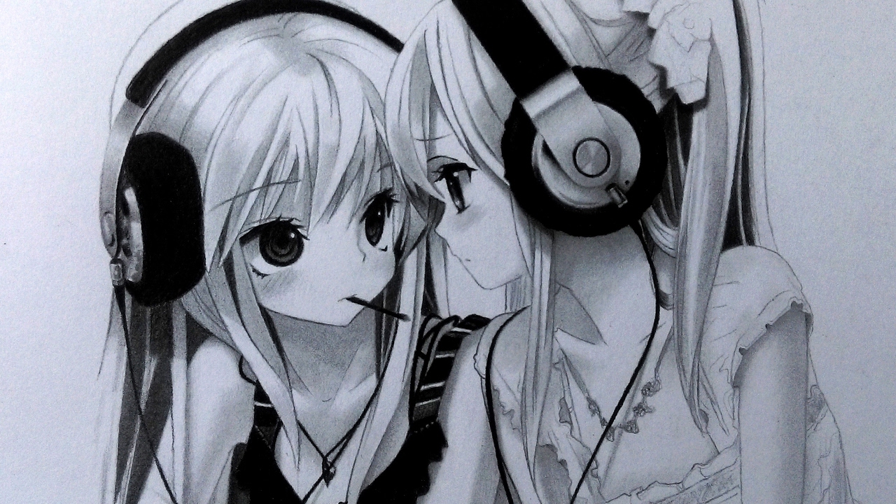  DRAWING  two ANIME  GIRLS with headphones graphite pencil  