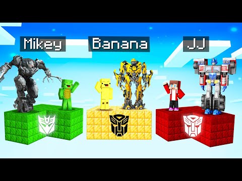 JJ's Optimus Prime vs Banana Bumblebee vs Mikey's Megatron Survive Chunk Battle in Minecraft !