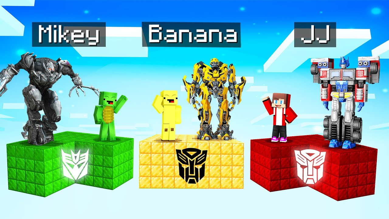 JJ's Optimus Prime vs Banana Bumblebee vs Mikey's Megatron Survive Chunk Battle in Minecraft !
