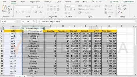 Use the countblank function in the cell B1 to count the blank cells in the cell range A1:A400.