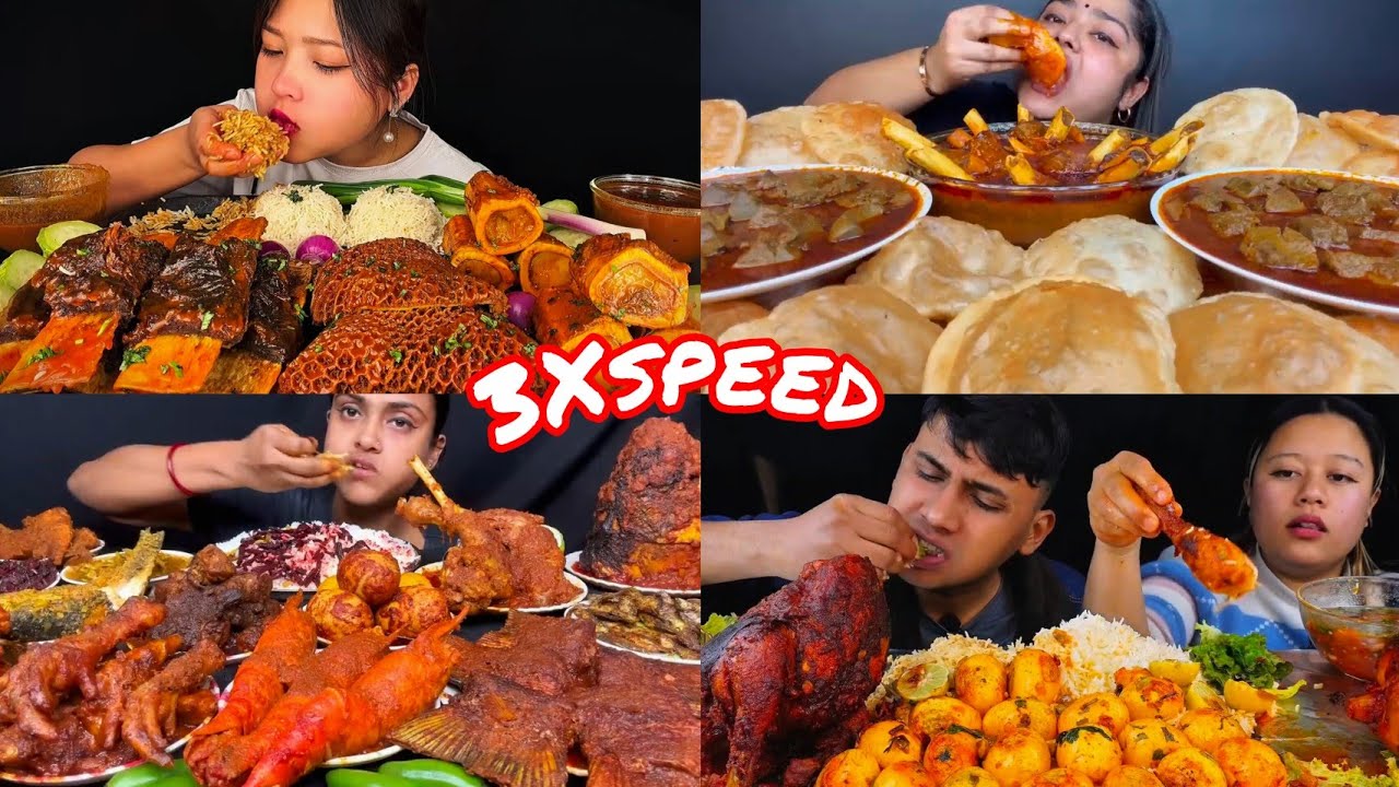 ASMR :SPICY 🔥Whole Chicken Curry Mutton Chops Fish Curry Egg Curry Puri Rice Salad Mukbang 3X 