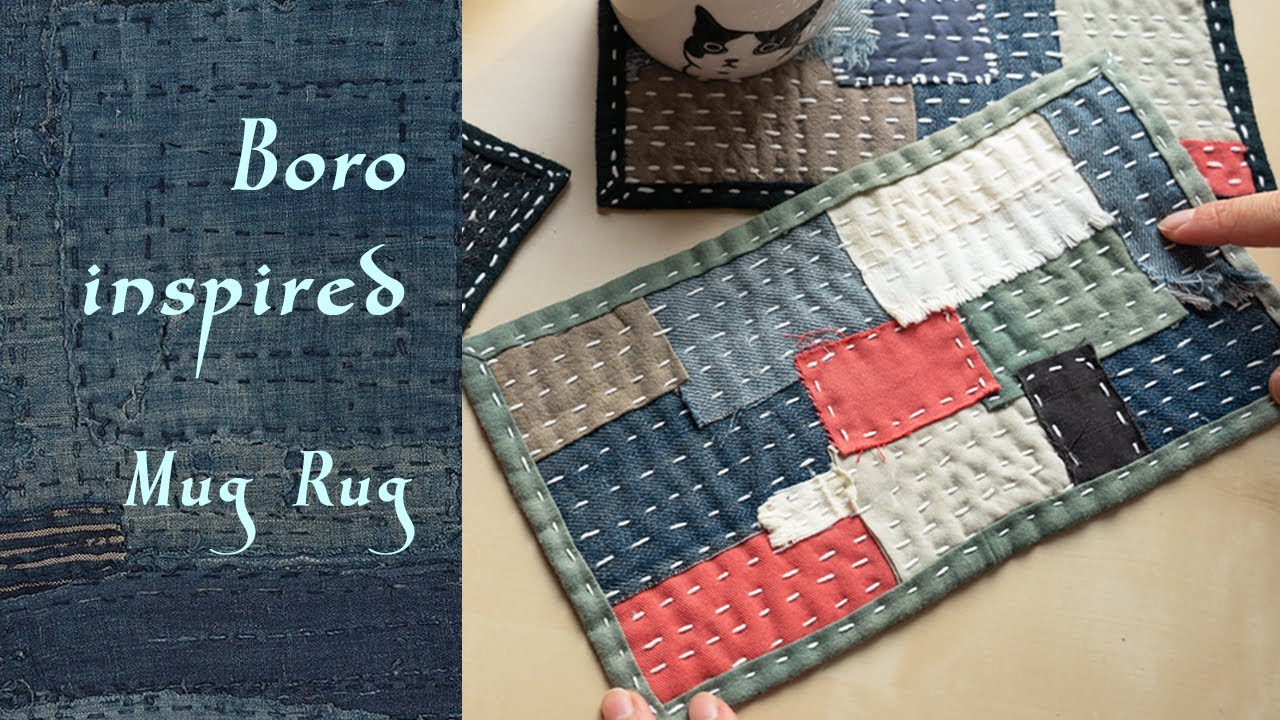 Sashiko Boro inspired Quilt Mug Rug Made with Fabric Scraps