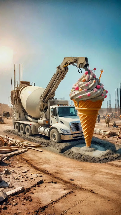Evolution from a mixer truck pouring ice cream into a ship carrying giant fish