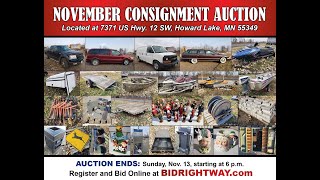 Howard Lake MN November Consignment Auction Ends 11/13 at 6pm. BidRightWay.com