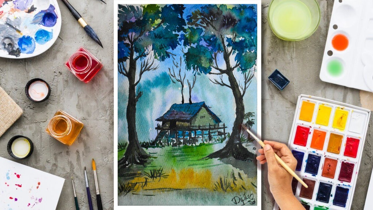 watercolor painting landscape village easy light and shadow by