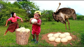 Wild Women - baby pick Ostrich Egg with Mother in forest - cook Ostrich Egg with fish eat Delicious