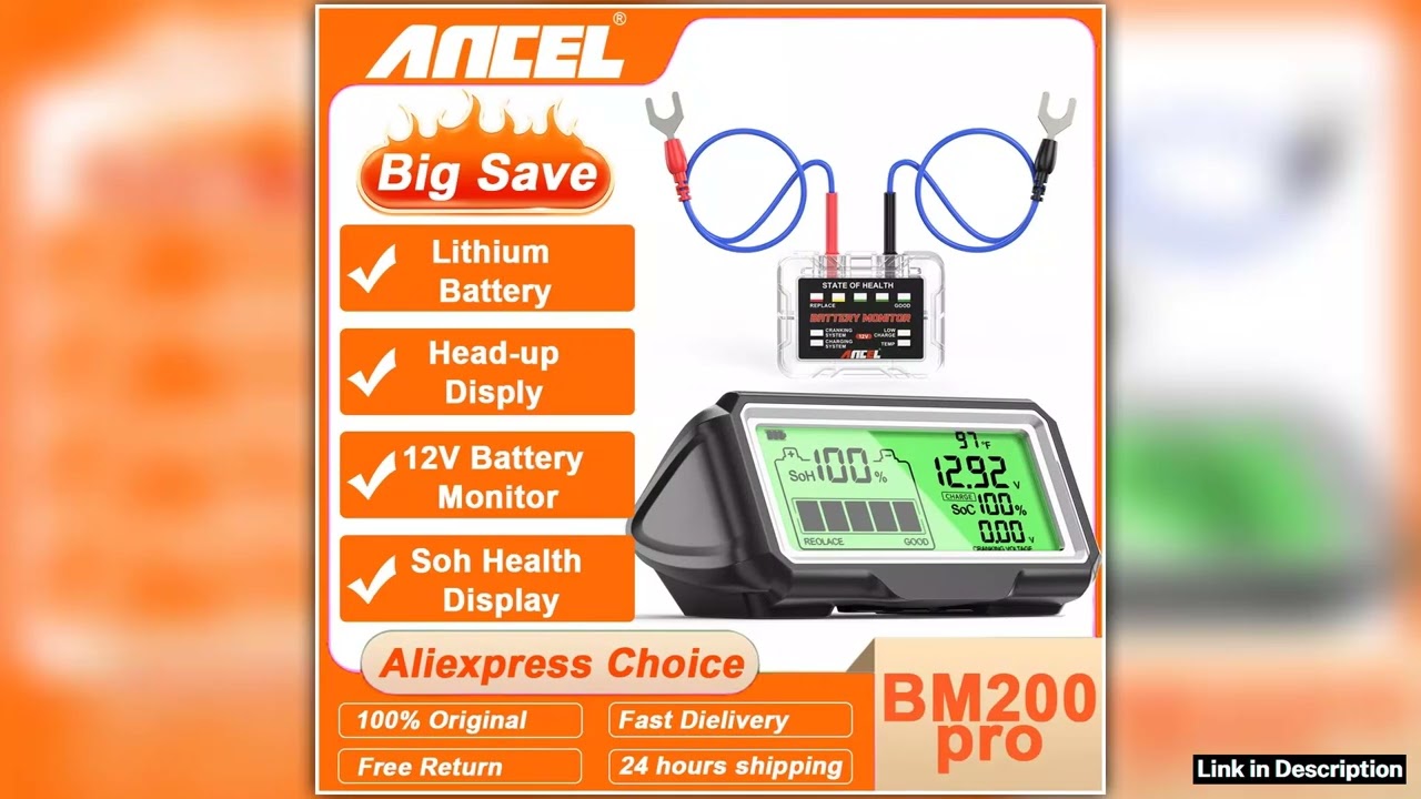 ANCEL BM200 PRO LED Battery Tester for 12V Battery Monitor Display Battery Health SOH SOC Tester An