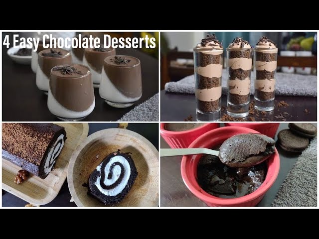 4 Chocolate Desserts Recipe | Swiss Roll |Panna Cotta|Brownie Mouse Shots|Oreo Lava cake| Best Bites