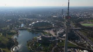 Unique Aerial Perspective Of Olympiapark Munich In Germany With Olympiastadion, Olympiaturm