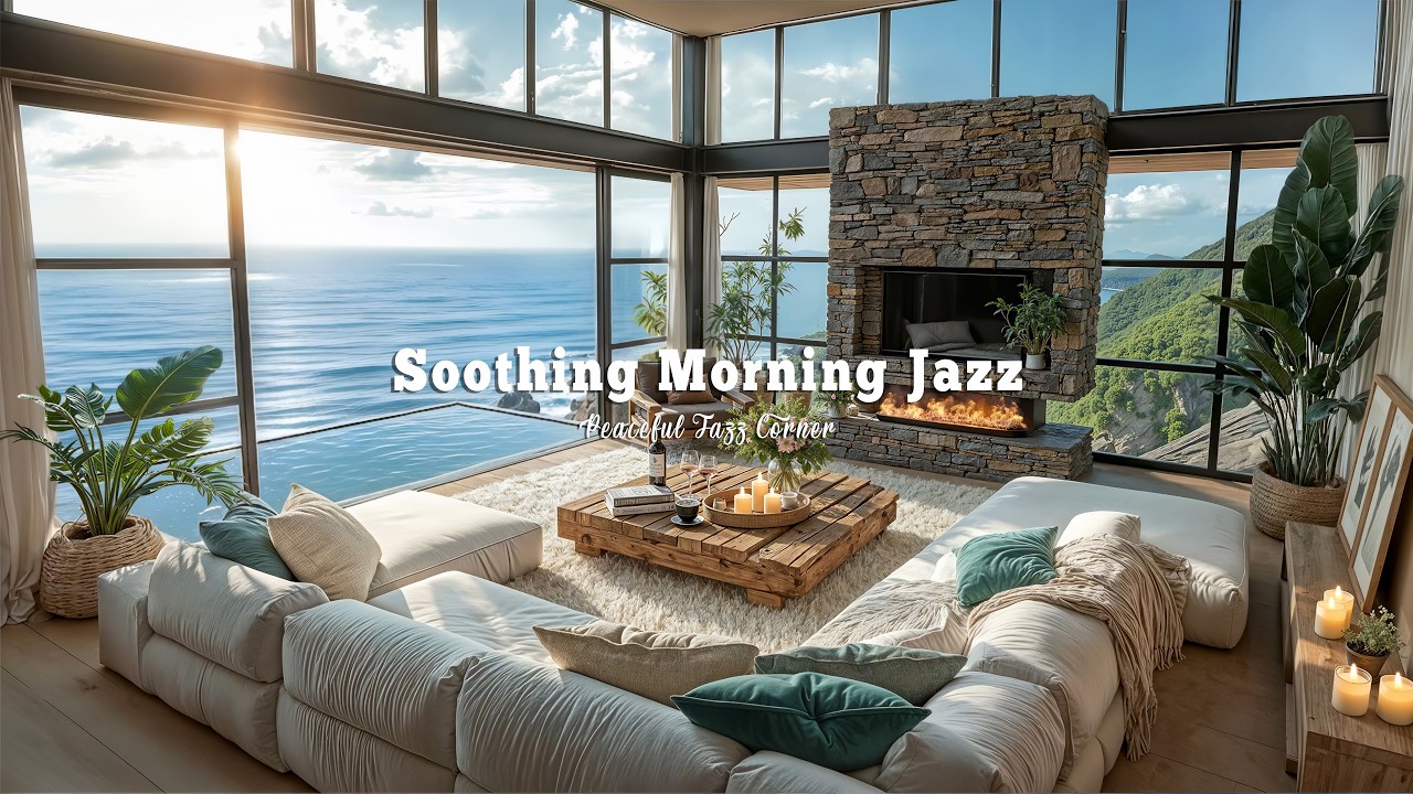 Tranquil Indoor Ambience In Seaside | Soothing Morning Jazz Music With Ocean Wave Sounds For Relax