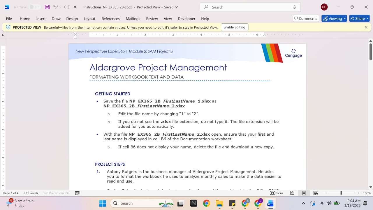 New Perspectives Excel 365 | Module 2: SAM Project B Aldergrove Project Management