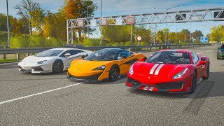 In this race we bring together 3 brilliant super cars all well over
200 mph top speed, which are the lamborghini aventador lp 700-4,
ferrari 488 pista & t...