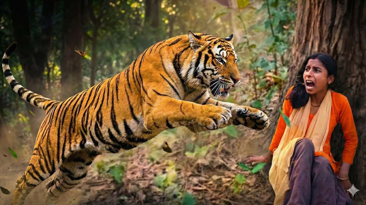 TIGER ATTACK ON VILLAGE GIRL IN FOREST / GRAMIN MAHILA PR 🙏TIGER KA HAMALA ..,,..🐆🐯🌳,,,😂