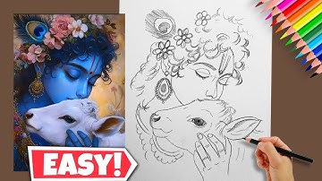 How to draw Lord Krishna with cow / Krishna janmashtami drawing 