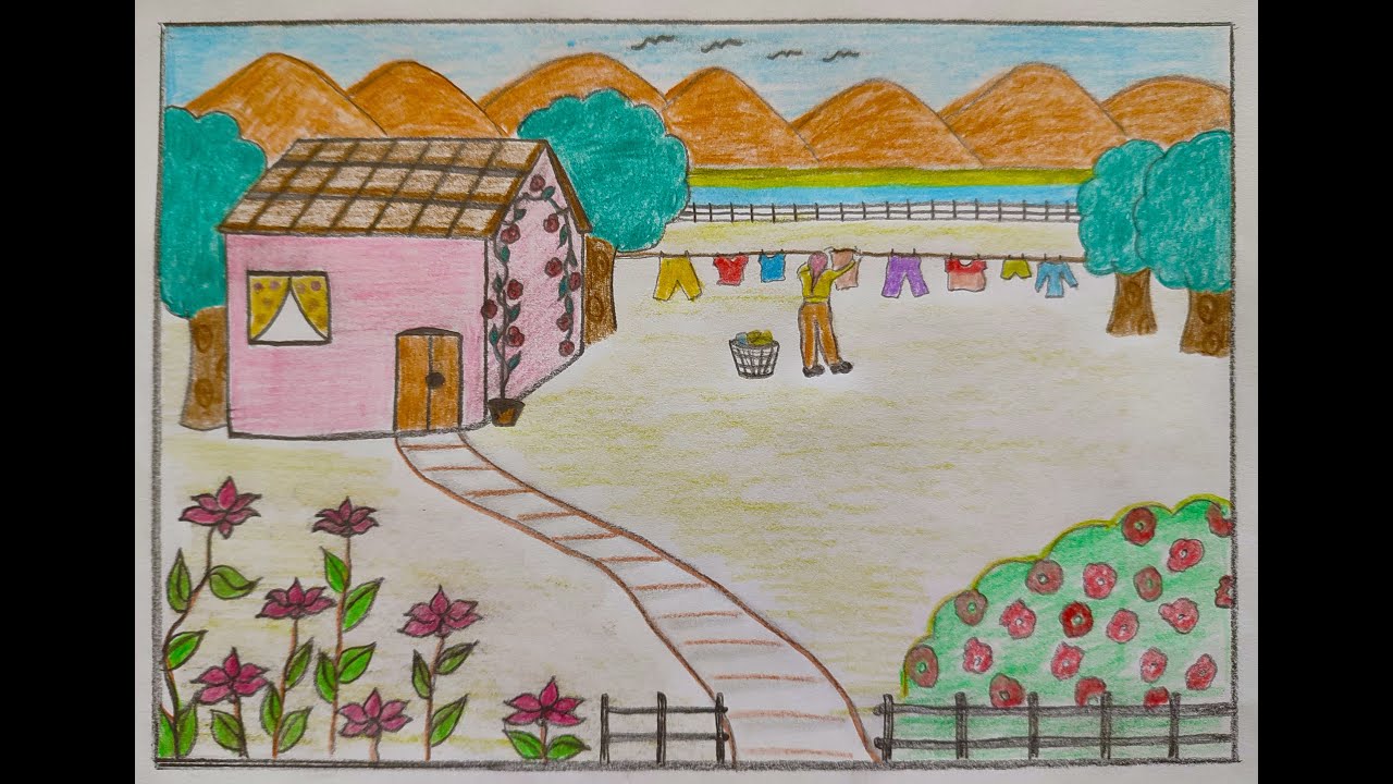Drawing of house and garden using crayons / Drawing of woman hanging laundry in the garden