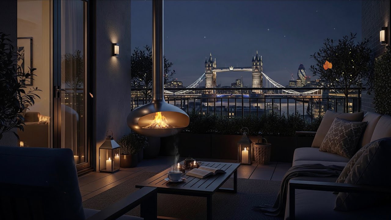 Уютная Осенняя Ночь на Балконе в Лондоне с Видом на Тауэрский Мост 🌃🌉🍂 (Звук Камины и Сверчков)
