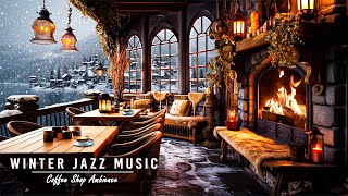 Winter Cozy Porch in Snow Falling Ambience with Warm Piano Jazz Music & Crackling Fireplace for Work