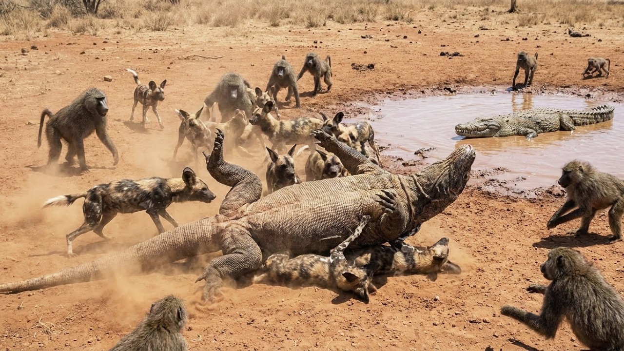 Komodo Dragon vs Crocodile vs Wild Dogs vs Baboons Ultimate Animal Battle Royale