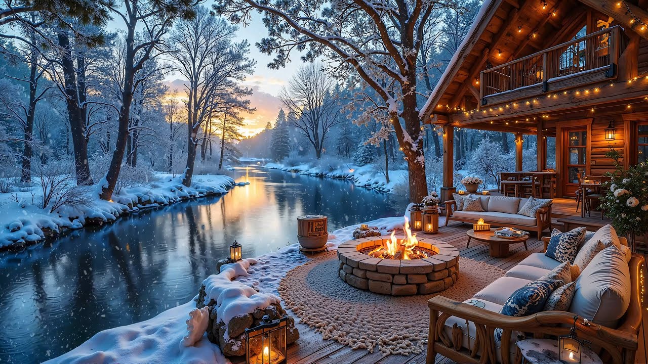 Soothing February Winter at Cozy Lakeside Porch ❄🔥 Piano Music & Crackling Fireplace for Relax