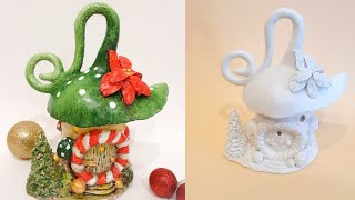 Christmas Mushroom  Fairy House Jar DIY with Poinsettia Flower, Air Dry Clay Tutorial #6