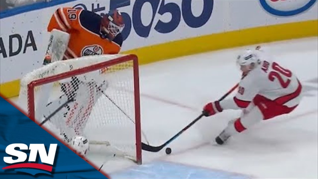 Sebastian Aho Scores After Puck Takes A Strange Bounce Off The Boards