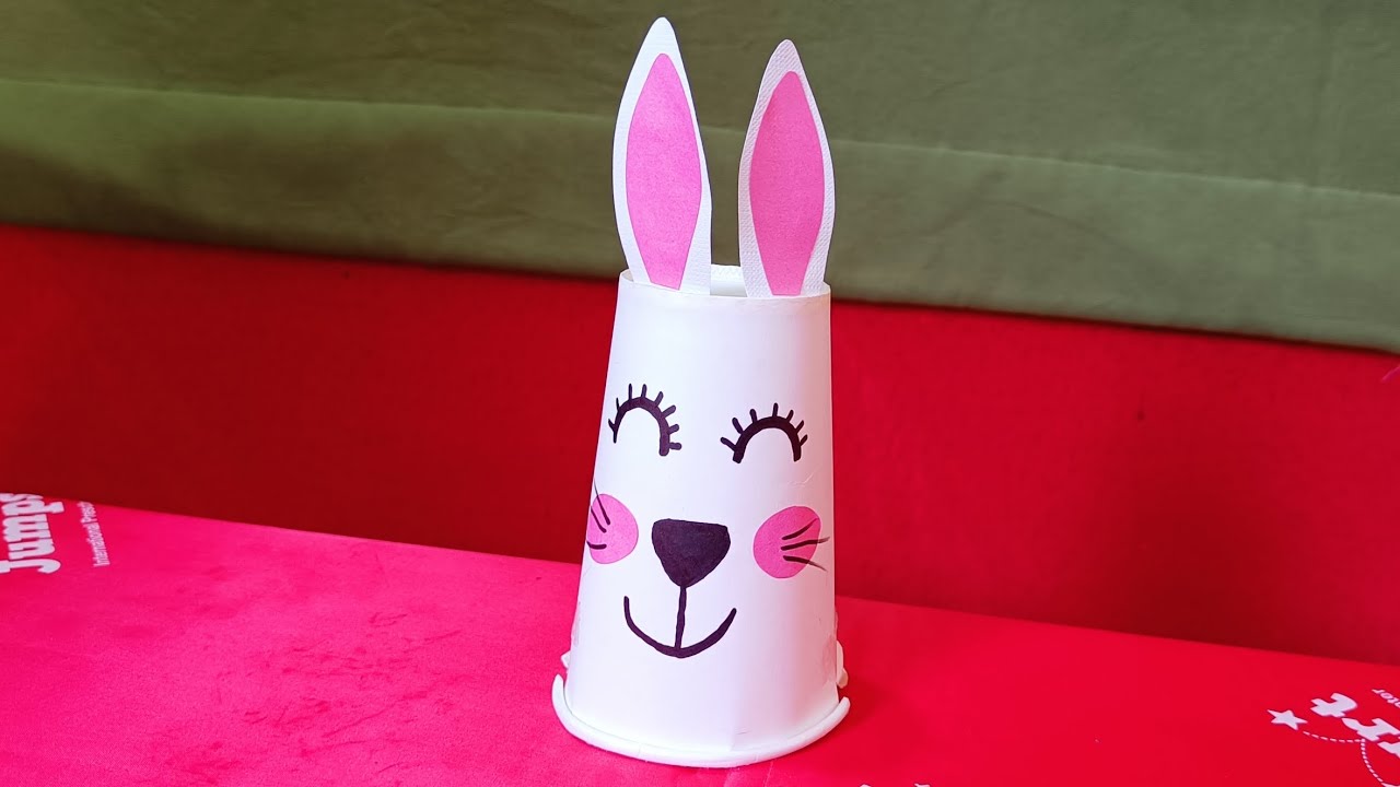 Paper cup Rabbit Children craft with paper cup and bottle caps Fun
