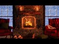 Cozy winter cabin ambience  relaxing fireplace sounds soft wind  falling snow