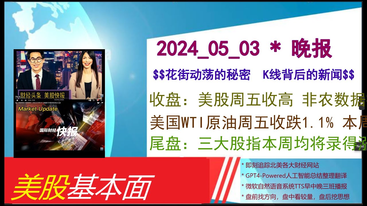 美股基本面- 2024_05_03 * 晚报* 收盘：美股周五收高非农数据提振联储降息预期。美国WTI原油周五收跌1.1 - 博客| 文学城
