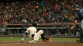 MIL@SF: Belt hit by pitch, later exits game