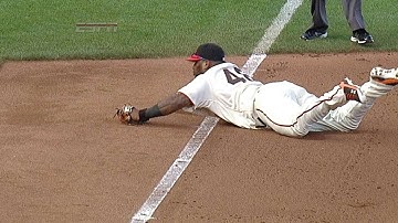 LAD@SF: Panda makes diving stop, throws for the out