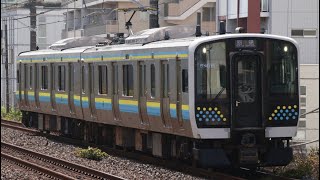 当形式初の大宮出場！【E131系R01編成２両  OM出場回送（C保全・滑走対策装置設置）】E131系0番台ﾏﾘR01編成が亀戸駅を通過するシーン（回8347M）2025.5.20