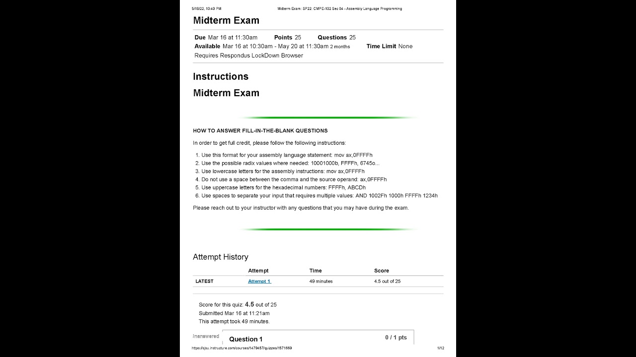 Midterm Exam Sp22 Cmpe 102 Sec 04 Assembly Language Programming Rated A For 2023 2024