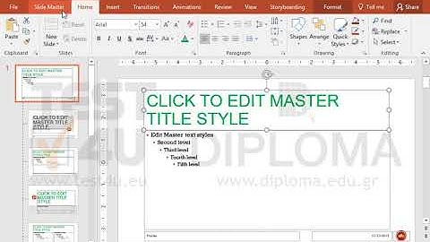 Navigate to the Slide Master and change the font of the Master Title to Arial and the color of...