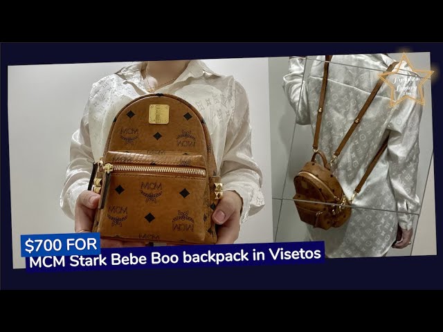 Mcm Stark Bebe Boo Backpack In Cubic Jacquard Nylon In Semolina