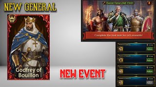 Evony: New General Godfrey of Bouillon, New Event Peak Trial, and Trial of Knights Rewards Changed.