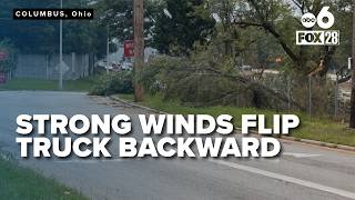 Winds spin box van on I-71 exit ramp, van left facing wrong direction