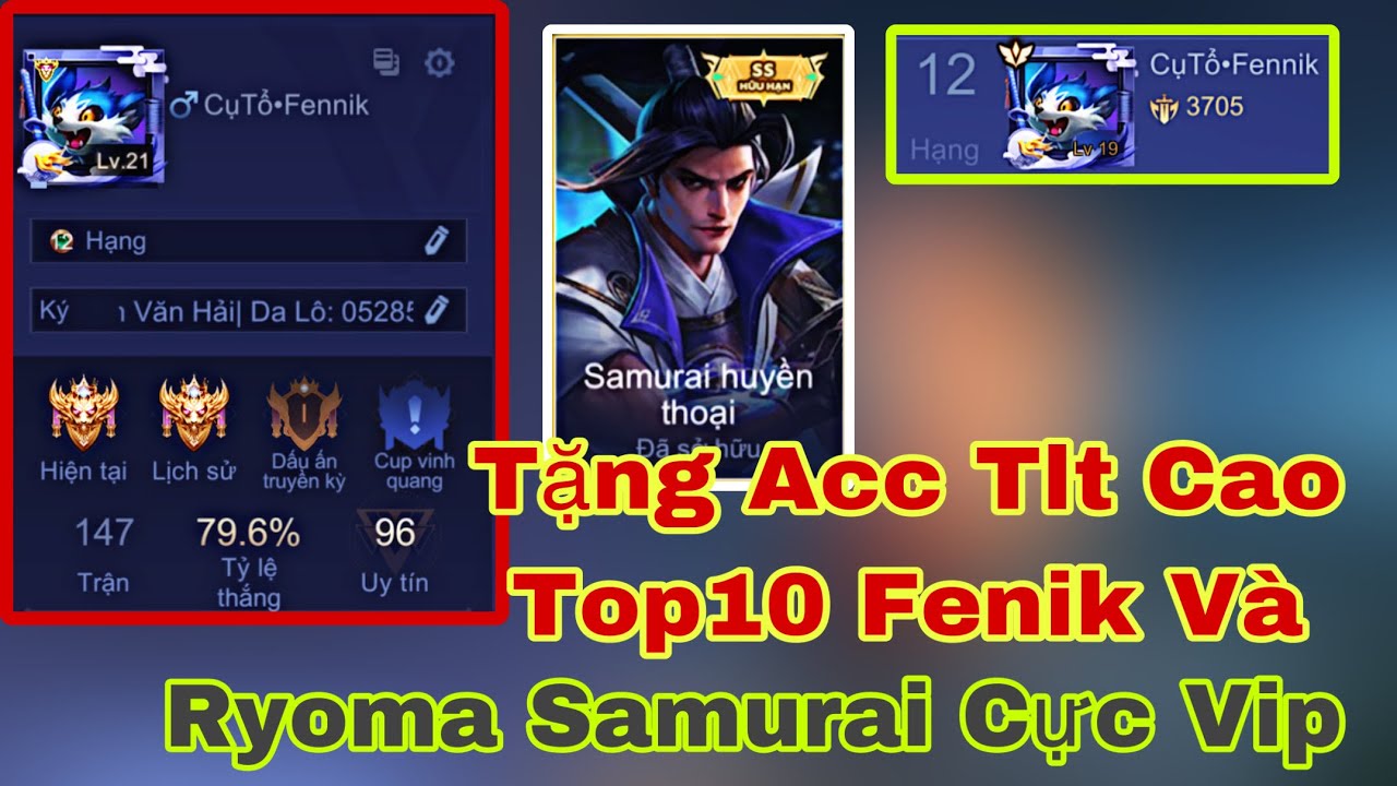 Tặng Acc Liên Quân| Tỉ Lệ Thắng Cực Cao Top10 Fennik Và Sỡ Hữu Skin Ryoma Samurai Cực Đẹp!!