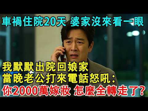 我車禍住院20天，婆家沒來看一眼，我默默出院回娘家，當晚老公打來電話怒吼：你那2000萬嫁妝，怎麼全轉走了？我只回1句，他傻了！#情感 #故事會 #講故事 #人生感悟