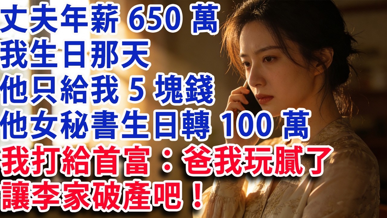 【满分爽文】丈夫年薪650萬 我生日那天 他只給我5塊錢 他女秘書生日轉100萬 我冷笑打給首富：爸我玩膩了 讓李家破產吧！#婆媳 #家庭 #情感故事 #晚年生活 #為人處世 #短劇