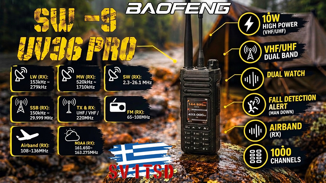 BAOFENG SW-9: Φορητός 10W, Tri Band με Λήψη SSB στα HF & Ανίχνευση Πτώσης!