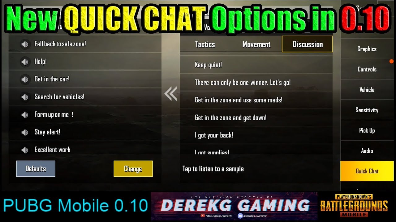 Epic DerekG Voice Acting? :-P | Quick Chat Update in PUBG Mobile 0.10  Explored - 