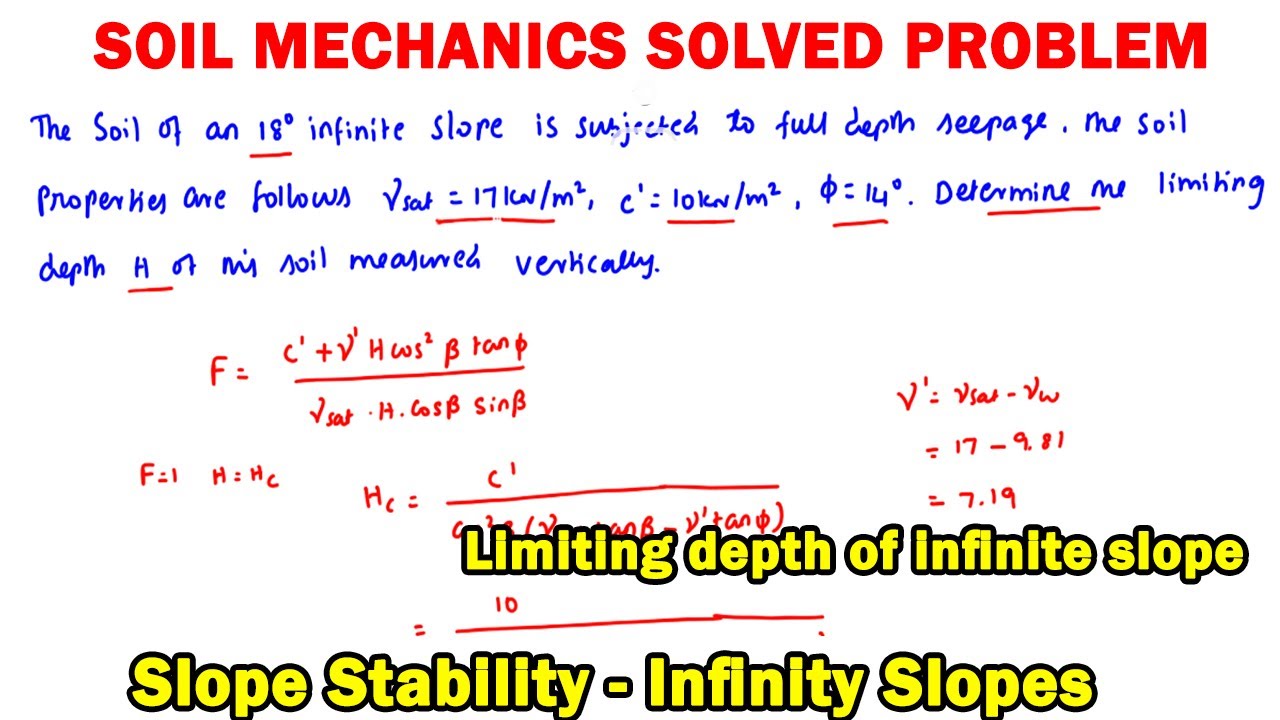 soil mechanics numerical, stability of slope, active earth pressure & depth, seepage, infinite slope