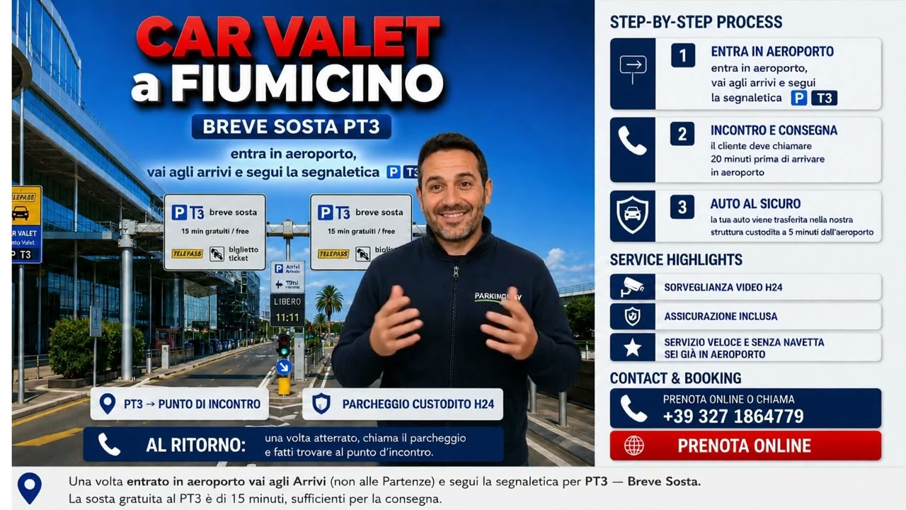 Anteprima del video: come consegnare l’auto al punto d’incontro PT3 con il Car Valet di Parking Way all’Aeroporto di Fiumicino