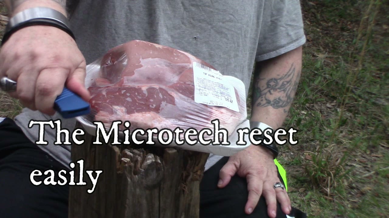 OTF auto knife accidental discharge test on flesh. Microtech, Cobra Tec, and Kerhaw Launch 13