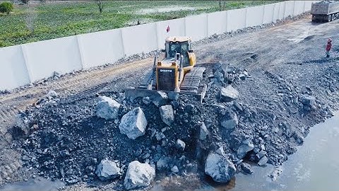 New Project!!Best Action Shantui Bulldozer Push Stones Drop Into Water Build New Road Over The Lake