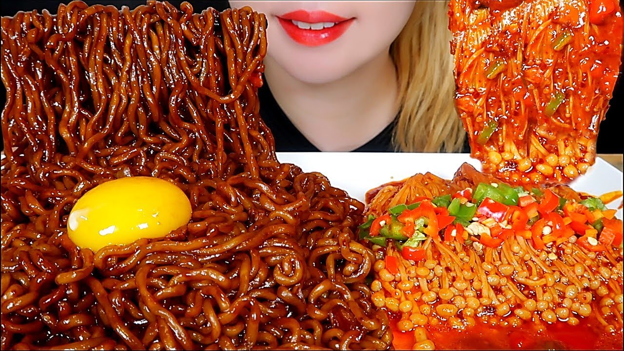 ASMR TRUFFLE JJAPAGHETTI (black bean noodles) SPICY ENOKI MUSHROOMS